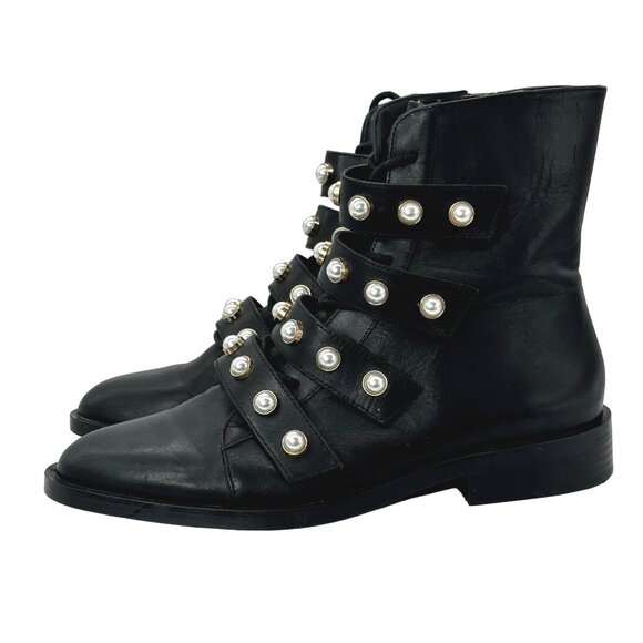 ZARA Leather Combat Biker Boots Moto Pearl Strap Boots Black Women's EU 39 US 8 - Picture 3 of 12